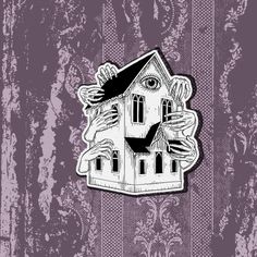 a sticker with an image of a house and hands coming out of the window