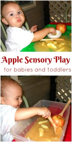 two pictures with the words apple sensory play for babies and toddlers on them