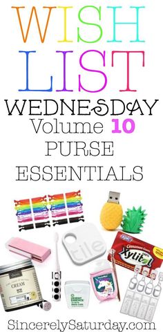 the words wish list wednesday, volume 10 pure essentials on top of an assortment of items