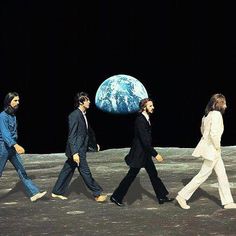 the beatles walking across the moon with earth in the background, as well as onlookers