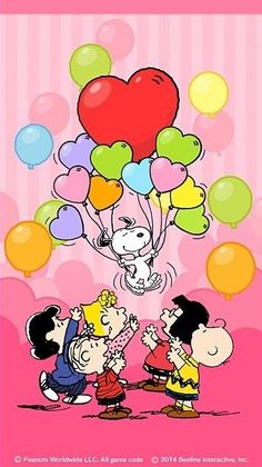 the peanuts gang is holding up balloons