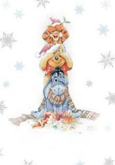 winnie the pooh and piggy on top of each other in front of snowflakes