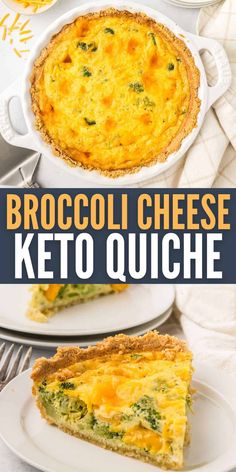 broccoli cheese keto quiche on a white plate with text overlay