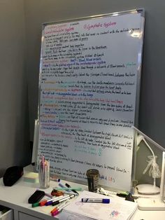 a white board sitting on top of a desk