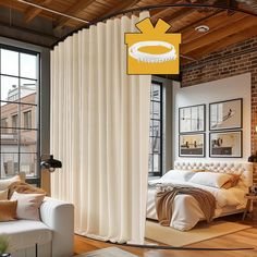 a bedroom with brick walls and white curtains