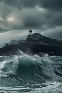 a lighthouse on top of a small island in the ocean with waves crashing around it