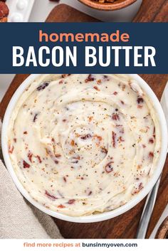 homemade bacon butter in a white bowl on top of a cutting board