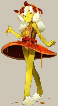 a cartoon character holding a surfboard covered in melted orange liquid and wearing yellow tights