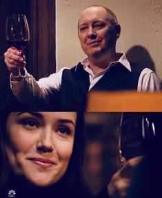 two pictures of a man and woman holding wine glasses