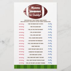 a football themed baby shower game with the words mommy or daddy on it's back