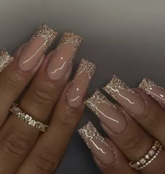 Simple Glam Acrylic Nails, Double French Glitter Nails, Gel X Nail Designs Glitter, Aventura Concert Nails, Gold Glitter Nails Square, Nails Acrylic Gold Design, Summer Acrylic Nails Black Women, Glitter Square Acrylic Nails, Black Prom Dress Nails