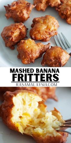 mashed banana fritters on a white plate with a fork