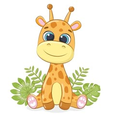 a cartoon giraffe sitting in the grass with leaves around it's neck