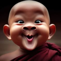 a smiling baby with big eyes and a monk outfit