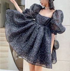 Collar Puff Sleeve Fluffy Dress Korean Mini Princess · Shop Zola · Online Store Powered by Storenvy Bow Strap Dress, V Neck Corset, Black Puff Sleeve Dress, Anniversary Dress, Nap Dress, Neck Corset, Cake Mini, Puffy Dresses, Puff Dress