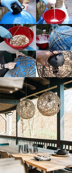 several pictures of different colored bowls hanging from the ceiling and in front of a wooden table