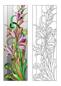 two stained glass panels with flowers and leaves on the same panel, one in different colors