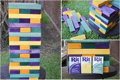 several pictures of different colored blocks in the grass and one is made out of wood