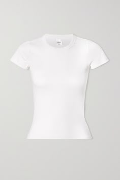 LESET knows how to make quality basics you can wear time and again. This 'Kelly' T-shirt is made from soft stretch-cotton jersey ribbed for tactility and has cap sleeves. It's the perfect canvas for a leather jacket and jeans. Tee Shirt Large, White Fitted Shirt Outfit, Ribbed Shirt Outfit, Trendy Fitted White T-shirt, Basic White T-shirt, Cute Basic Tops, White Fitted Chic T-shirt, Basic White Tee Outfit, White Compression Shirt