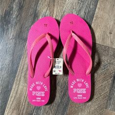 Nwt Pink Flip Flops Size M: 7/8 Victoria Secret Pink Logo, Pink Flip Flops, Victoria Secret Shoes, Pink Slides, Green Zebra, Nike Tennis Dress, Silver Logo, Pink Logo, Crocs Shoes