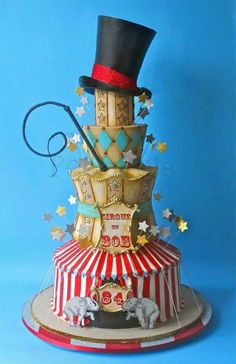 a circus themed cake on a blue background