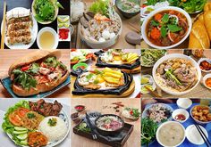 several different pictures of food on plates and in bowls, including meats, vegetables