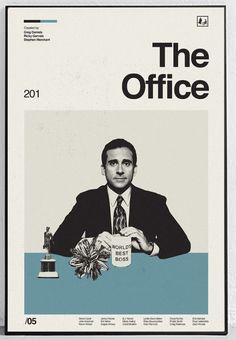 the office movie poster with man in suit and tie holding a cup on top of a table