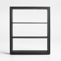 a black shelf with three shelves on each side and one in the middle, against a white background