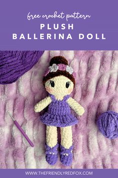 a crocheted doll is sitting on a purple blanket with yarn and knitting needles