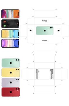 the packaging design for an iphone is shown in four different colors and sizes, including red, green, blue, yellow