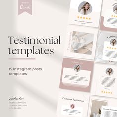 a set of five postcards with photos and text on them, including the words testimonal templates