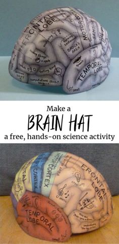 two pictures with the words make a brain hat in different colors and sizes on them