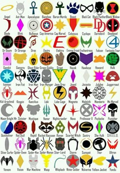 an image of many different logos on a white background with the words, superheros and their