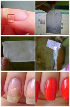 Nail hacks part 1: Repair any broken nail with a piece of a teabag. Attach it to the nail and seal it with a topcoat. Add two layers of color on top to camouflage repair. Nagel Tips, Astuces Diy, Makati, Base Coat, Diy Blog