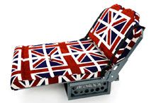 a red, white and blue chair with the british flag on it