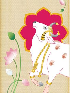 a painting of a bull with flowers in the background