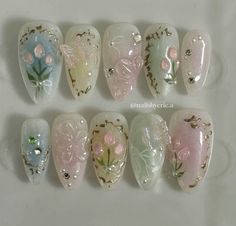 Ichiko Aoba Nails, Korean Flower Nails, Enchanted Garden Nails, Lily Of The Valley Nails, Fairy Garden Nails, Pond Nails, Flower Gel Nails, Fairy Nail Art, Nails 3d