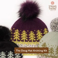 three knitted hats with pom - poms in different colors and sizes, one is