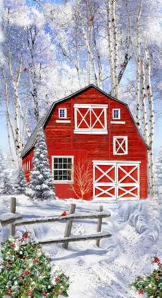 a painting of a red barn in the snow