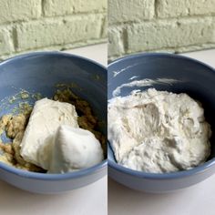 two blue bowls filled with food sitting on top of a white counter next to a brick wall