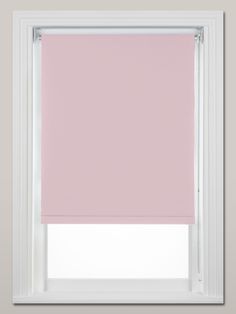 a pink roller blind in front of a white window with the blinds pulled down and closed