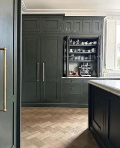 a kitchen with dark green cabinets and wood flooring is shown in the foreground