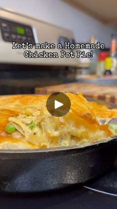 a skillet filled with chicken pot pie