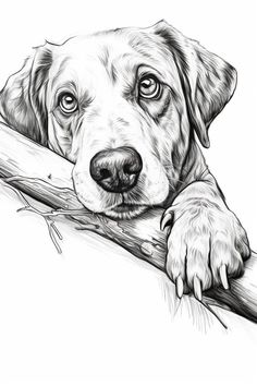 a black and white drawing of a dog resting its head on a wooden stick with his paw over the edge