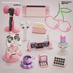 an assortment of toys and gadgets are displayed on a white background with text that reads aesthetic gaming addons