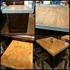 four pictures of different tables and stools in various stages of being painted with acrylic paint