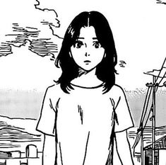 a black and white drawing of a girl standing in front of a boat on the water