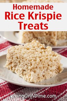 homemade rice krispie treats on white plates with red and white checkered table cloth