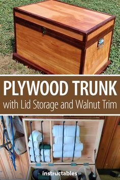 an image of a wooden trunk with lid storage and walnut trim in the process of being assembled