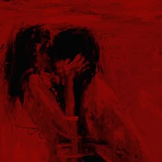 an abstract painting of two people embracing each other in red and black colors, with one woman kissing the man's head